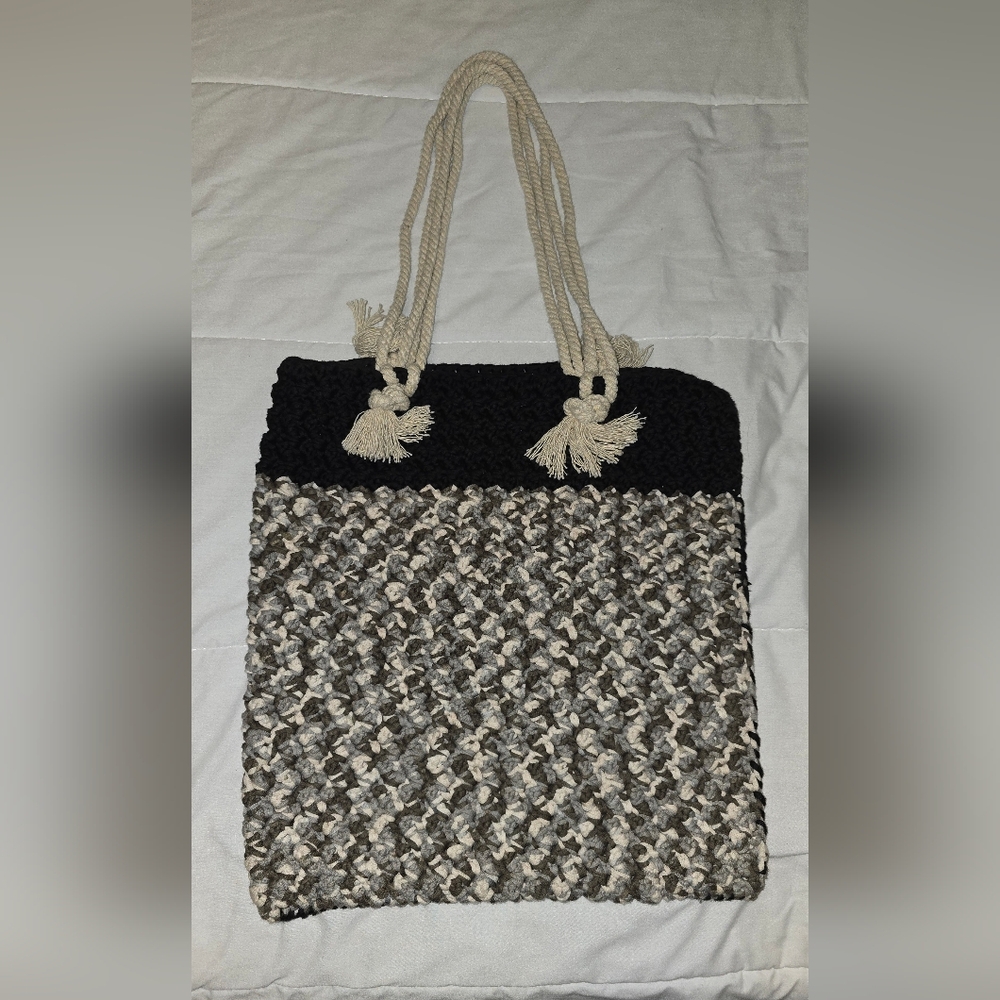 Handmade Crochet Tote Bag Boho Bag Black & Cream Colored